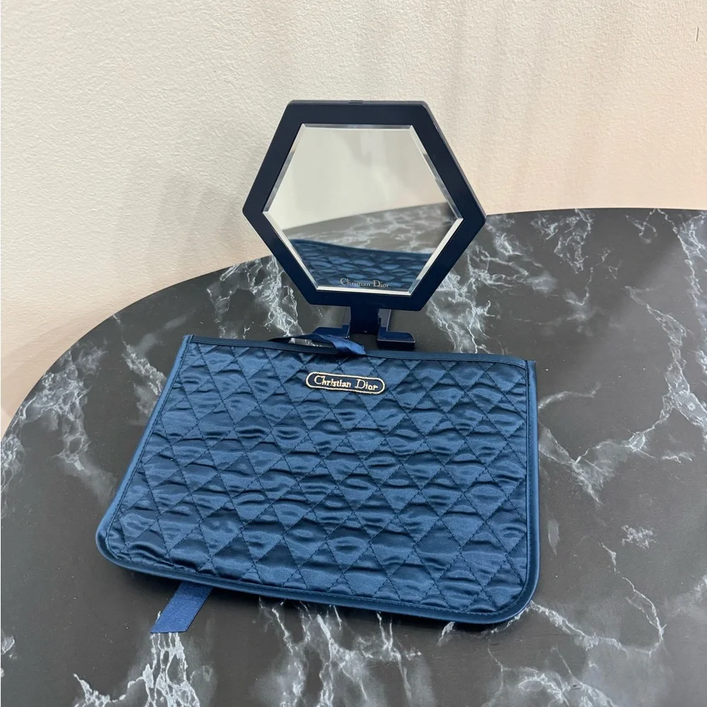 Christian Dior Quilted Makeup Pouch & Mirror Set in Navy Blue AUTHENTIC Like New